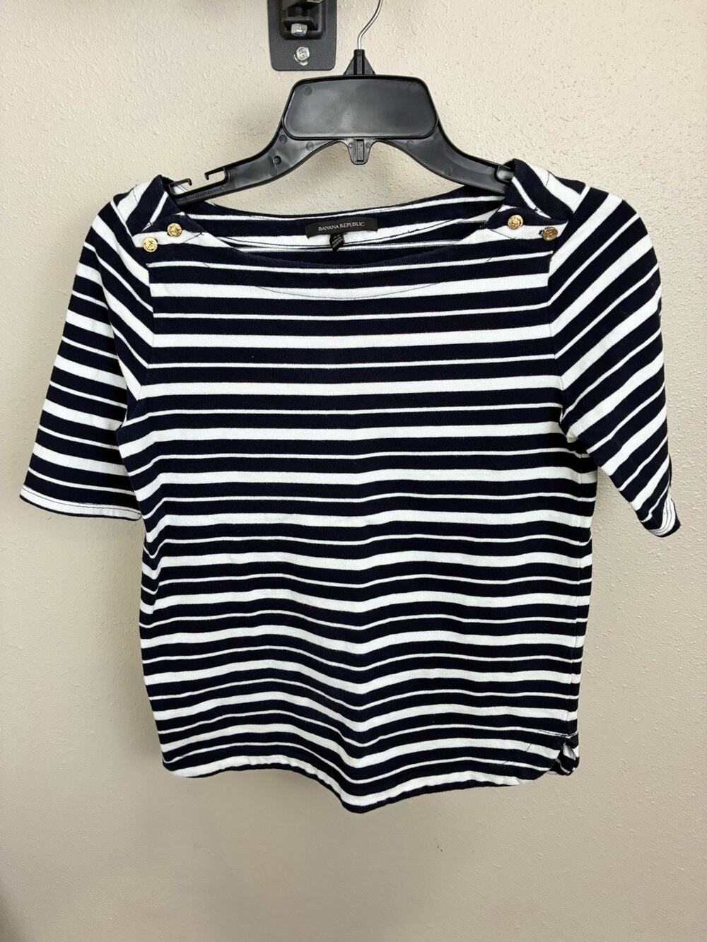 Banana Republic Shirt Navy White Stripe Short Sleeve Boat Neck XS Gold Buttons